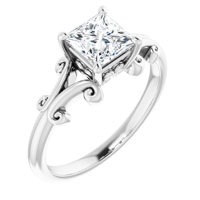 10K White Gold Customizable Princess/Square Cut Solitaire with Band Flourish and Decorative Trellis