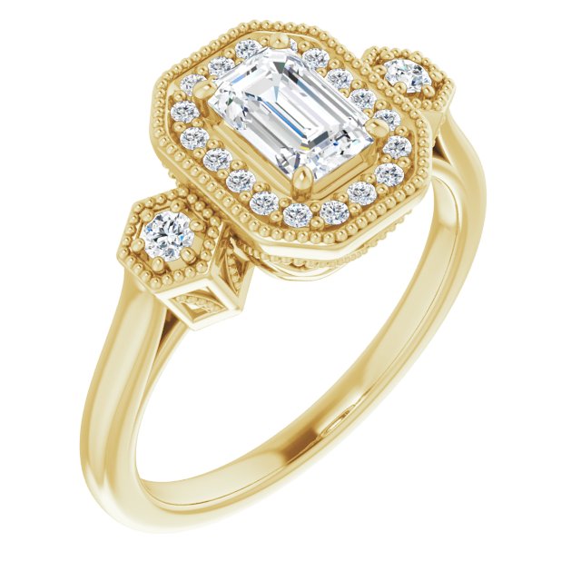 10K Yellow Gold Customizable Cathedral Emerald/Radiant Cut Design with Halo and Delicate Milgrain