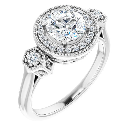 10K White Gold Customizable Cathedral Round Cut Design with Halo and Delicate Milgrain