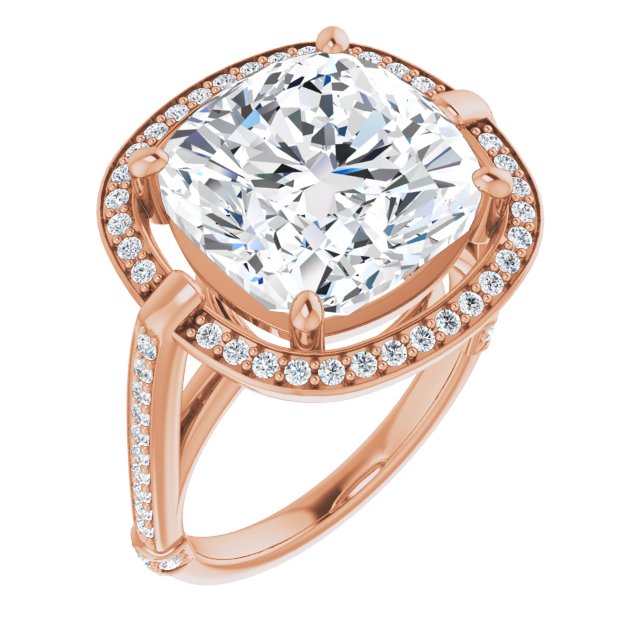 10K Rose Gold Customizable High-Cathedral Cushion Cut Design with Halo and Shared Prong Band