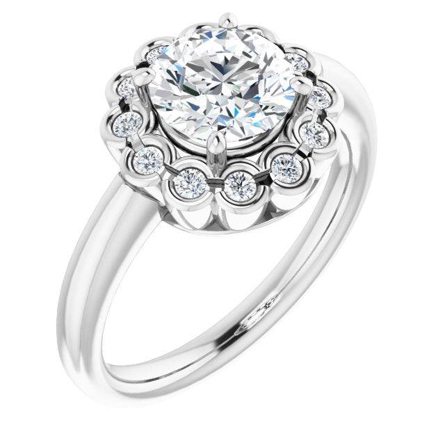 10K White Gold Customizable 13-stone Round Cut Design with Floral-Halo Round Bezel Accents