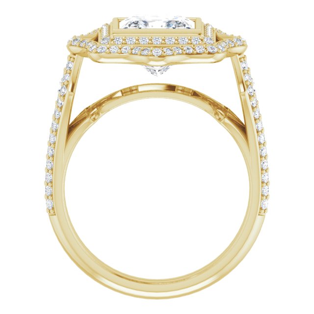 Cubic Zirconia Engagement Ring- The Arya (Customizable Princess/Square Cut Style with Ultra-wide Pavé Split-Band and Nature-Inspired Double Halo)
