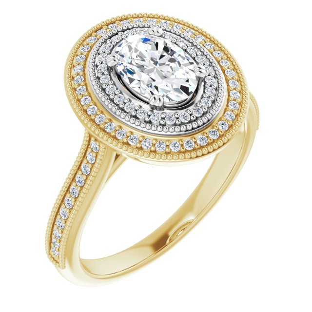 14K Yellow & White Gold Customizable Oval Cut Design with Elegant Double Halo, Houndstooth Milgrain and Band-Channel Accents