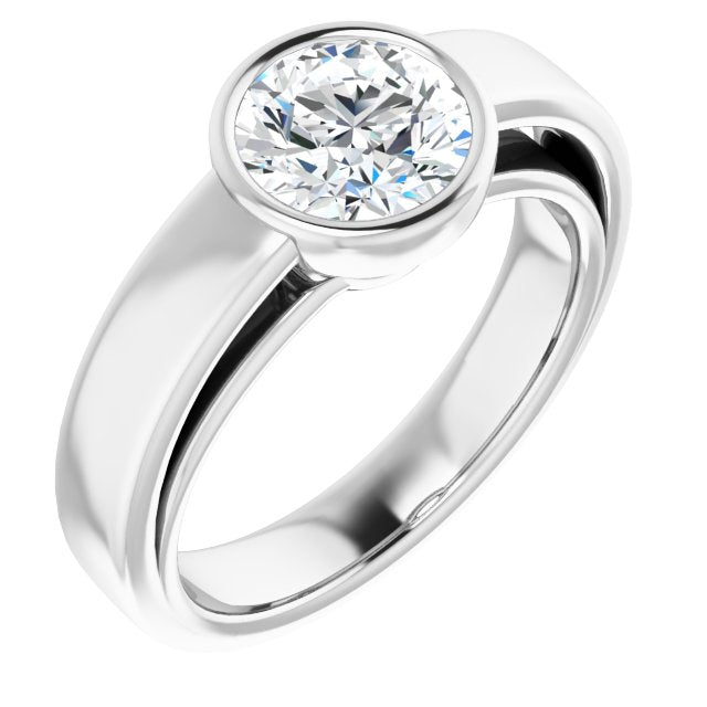 10K White Gold Customizable Cathedral-Bezel Round Cut Solitaire with Wide Band