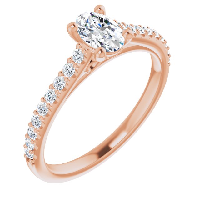 10K Rose Gold Customizable Cathedral-raised Oval Cut Design with Accented Band and Infinity Symbol Trellis Decoration