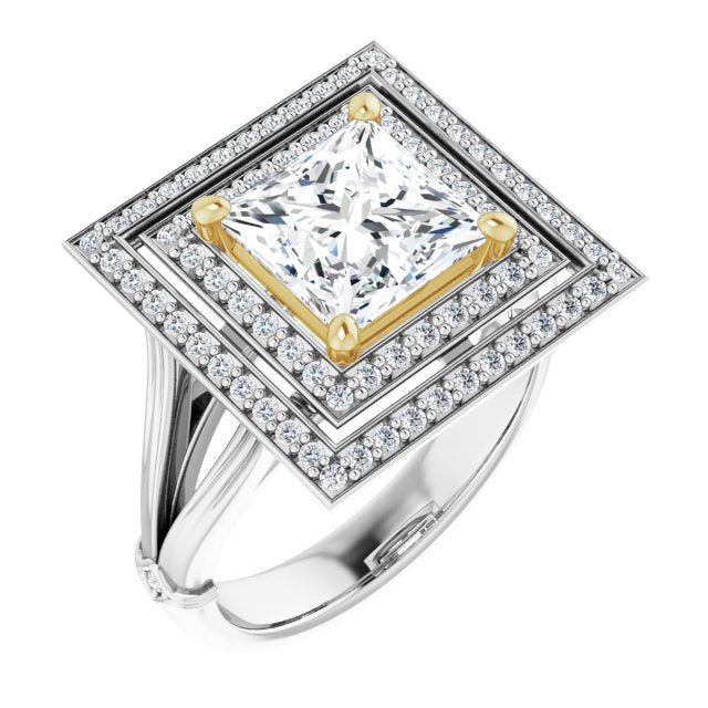 14K White & Yellow Gold Customizable Cathedral-set Princess/Square Cut Design with Double Halo, Wide Split Band and Side Knuckle Accents
