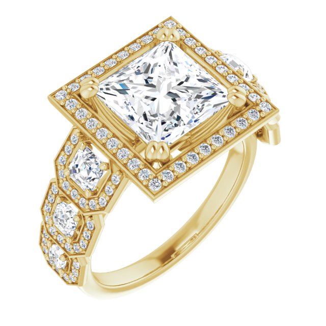 10K Yellow Gold Customizable Cathedral-Halo Princess/Square Cut Design with Six Halo-surrounded Asscher Cut Accents and Ultra-wide Band