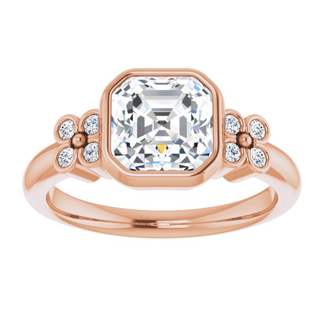 Cubic Zirconia Engagement Ring- The Kjerstin Rose (Customizable 9-stone Bezel-set Asscher Cut Design with Quad Round Bezel Side Stones Each Side)