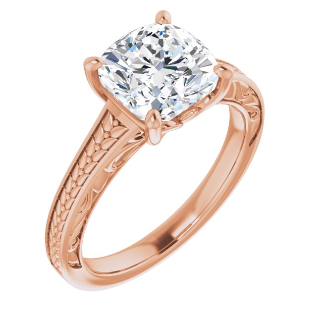 10K Rose Gold Customizable Cushion Cut Solitaire with Organic Textured Band and Decorative Prong Basket