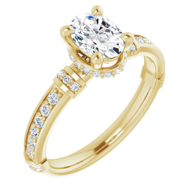 10K Yellow Gold Customizable Oval Cut Style featuring Under-Halo, Shared Prong and Quad Horizontal Band Accents