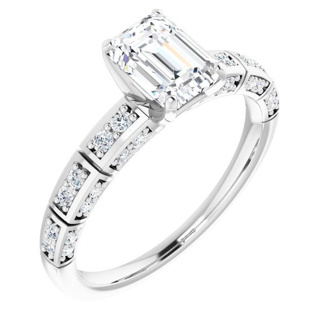 10K White Gold Customizable Emerald/Radiant Cut Style with Three-sided, Segmented Shared Prong Band