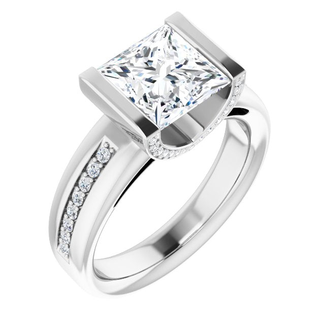 Cubic Zirconia Engagement Ring- The Maryana (Customizable Cathedral-Bar Princess/Square Cut Design featuring Shared Prong Band and Prong Accents)
