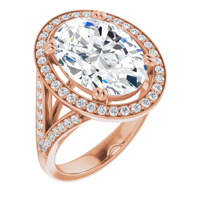 10K Rose Gold Customizable Cathedral-set Oval Cut Style with Accented Split Band and Halo