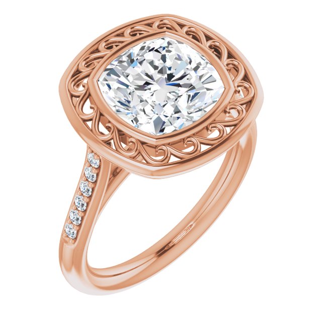 10K Rose Gold Customizable Cathedral-Bezel Cushion Cut Design with Floral Filigree and Thin Shared Prong Band