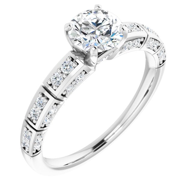 10K White Gold Customizable Round Cut Style with Three-sided, Segmented Shared Prong Band