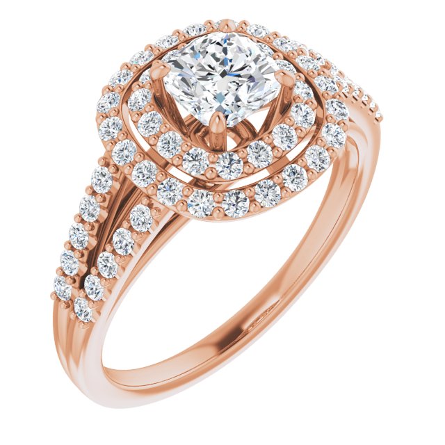 10K Rose Gold Customizable Cushion Cut Design with Double Halo and Wide Split-Pavé Band