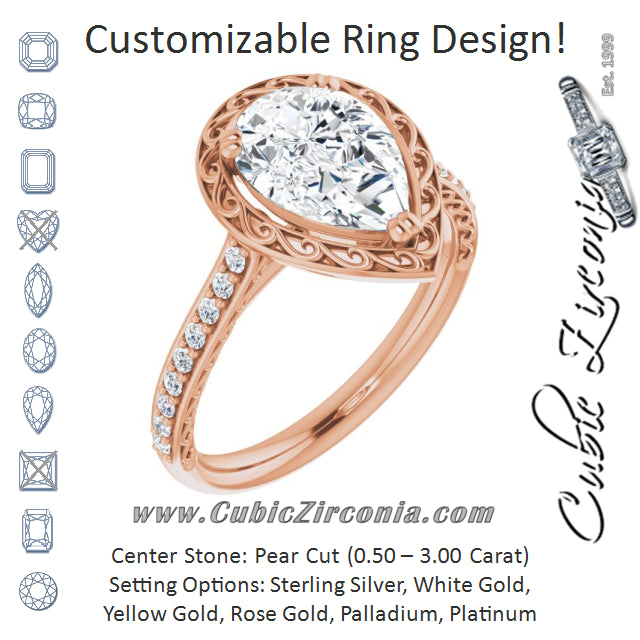 Cubic Zirconia Engagement Ring- The Montserrat  (Customizable Pear Cut Halo Design with Filigree and Accented Band)