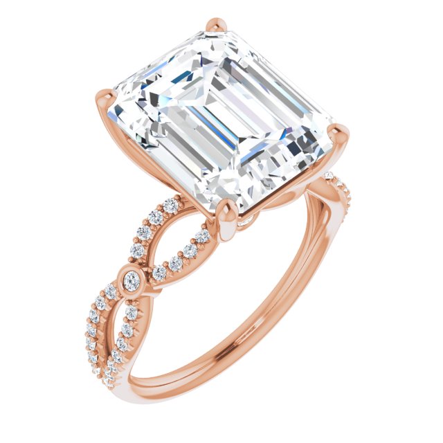 10K Rose Gold Customizable Emerald/Radiant Cut Design with Infinity-inspired Split Pavé Band and Bezel Peekaboo Accents