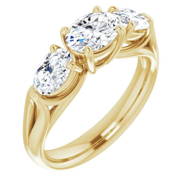 10K Yellow Gold Customizable Cathedral-set 3-stone Oval Cut Style with Dual Oval Cut Accents & Wide Split Band