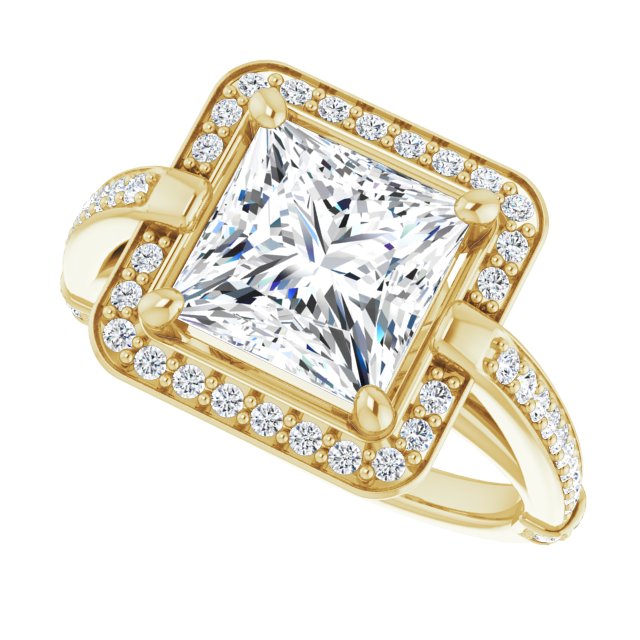 Cubic Zirconia Engagement Ring- The Ebba (Customizable High-Cathedral Princess/Square Cut Design with Halo and Shared Prong Band)