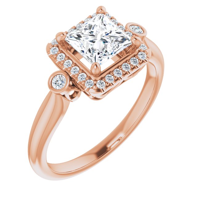 10K Rose Gold Customizable Princess/Square Cut Style with Halo and Twin Round Bezel Accents