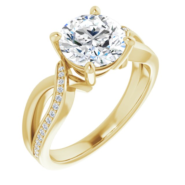 14K Yellow Gold Customizable Round Cut Center with Curving Split-Band featuring One Shared Prong Leg