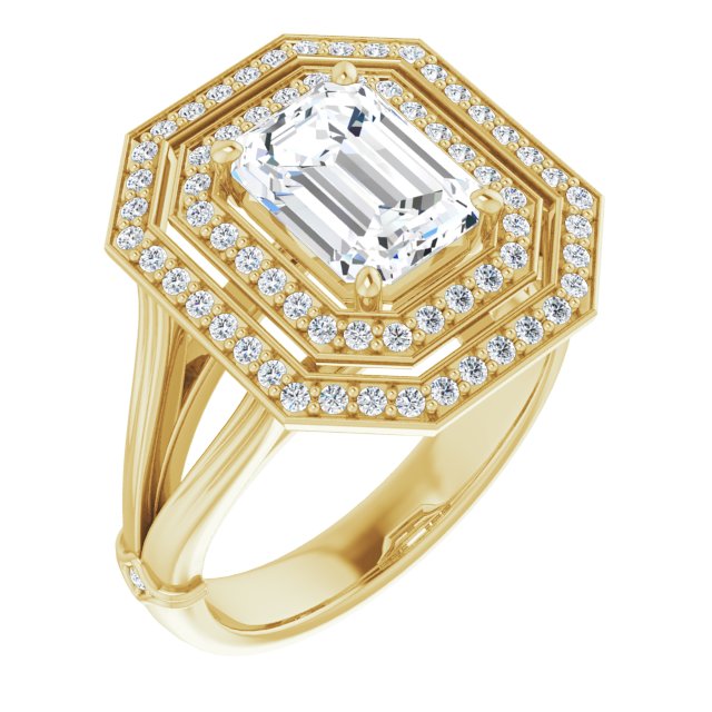 Cubic Zirconia Engagement Ring- The Cheryl (Customizable Cathedral-set Emerald Cut Design with Double Halo, Wide Split Band and Side Knuckle Accents)