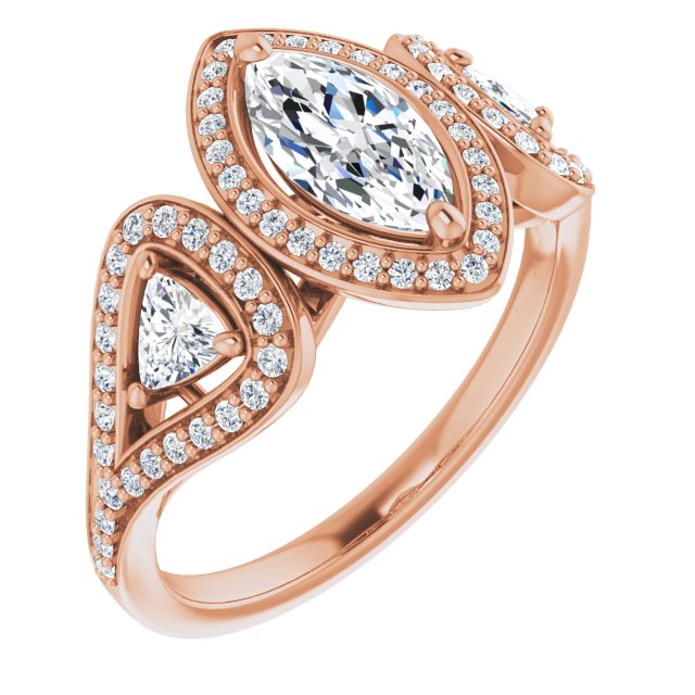 10K Rose Gold Customizable Cathedral-set Marquise Cut Design with 2 Trillion Cut Accents, Halo and Split-Shared Prong Band