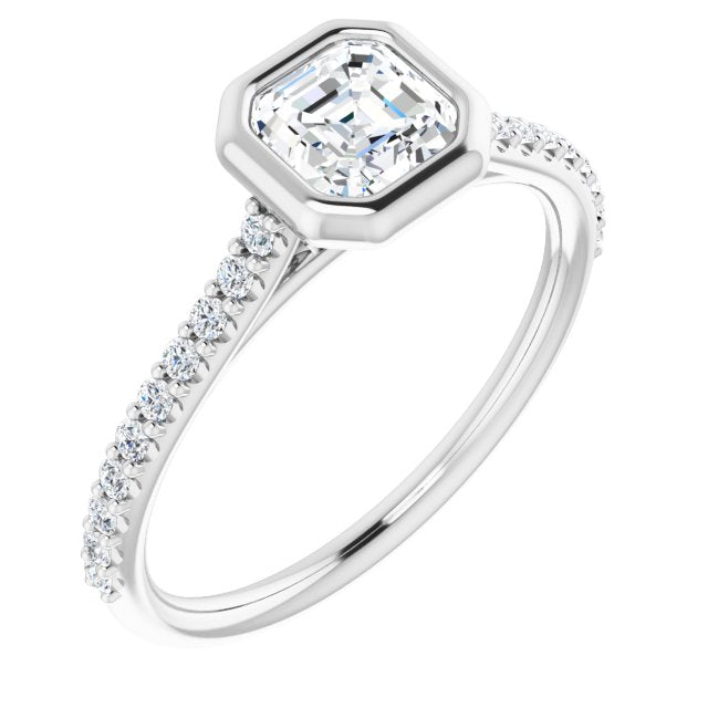 10K White Gold Customizable Bezel-set Asscher Cut Style with Ultra-thin Pavé-Accented Band