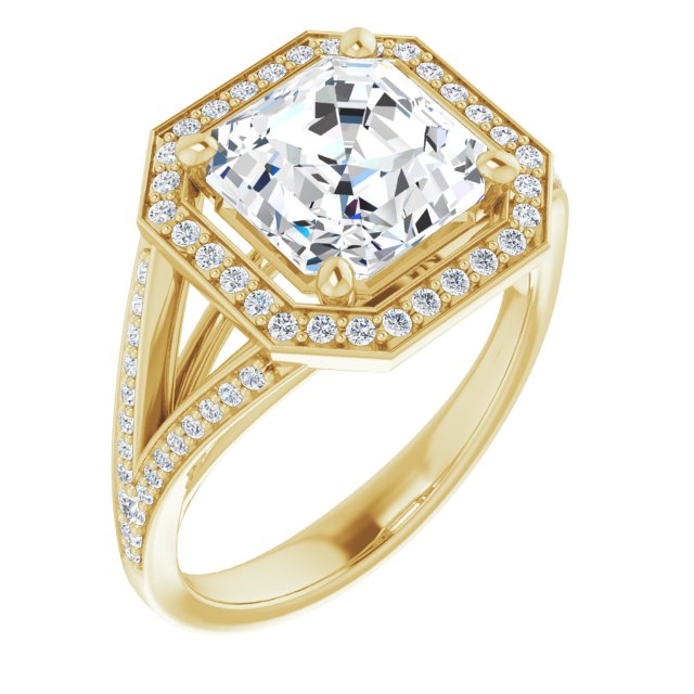 10K Yellow Gold Customizable Cathedral-Halo Asscher Cut Style featuring Split-Shared Prong Band