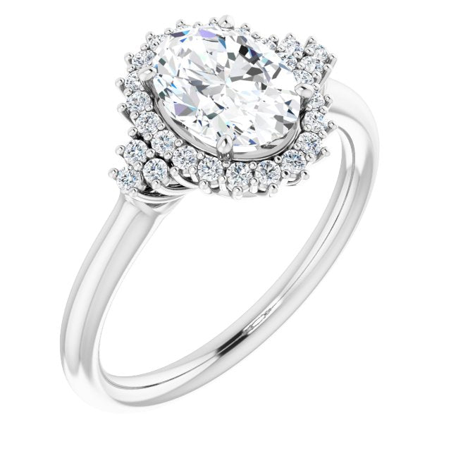 Cubic Zirconia Engagement Ring- The Winter (Customizable Oval Cut Cathedral-Halo Design with Tri-Cluster Round Accents)