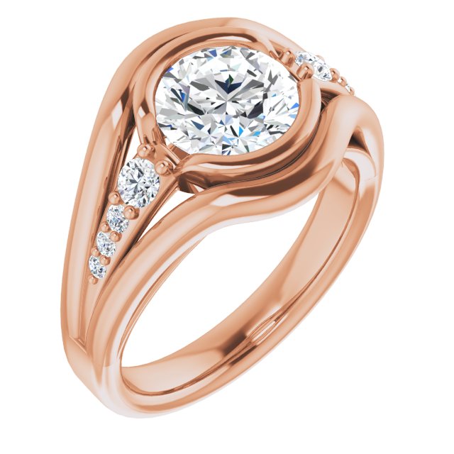 10K Rose Gold Customizable 9-stone Round Cut Design with Bezel Center, Wide Band and Round Prong Side Stones