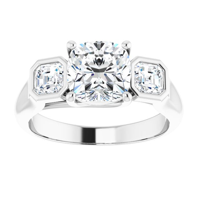 Cubic Zirconia Engagement Ring- The Alana Marie (Customizable 3-stone Cathedral Cushion Cut Design with Twin Asscher Cut Side Stones)