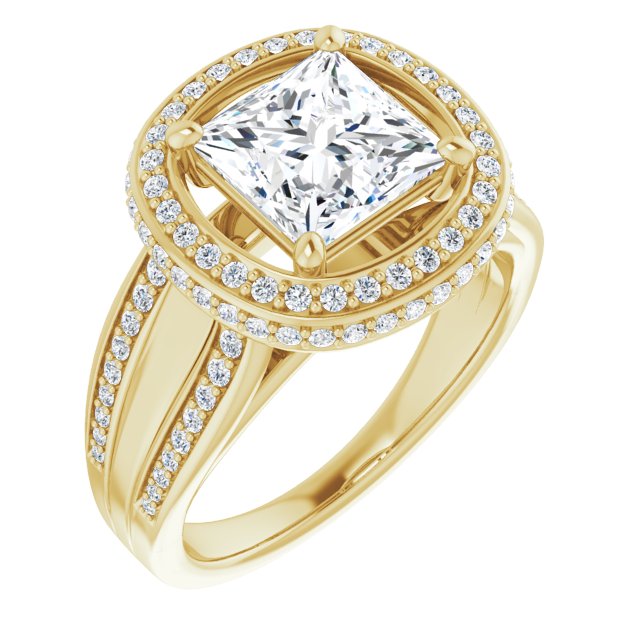 10K Yellow Gold Customizable Halo-style Princess/Square Cut with Under-halo & Ultra-wide Band