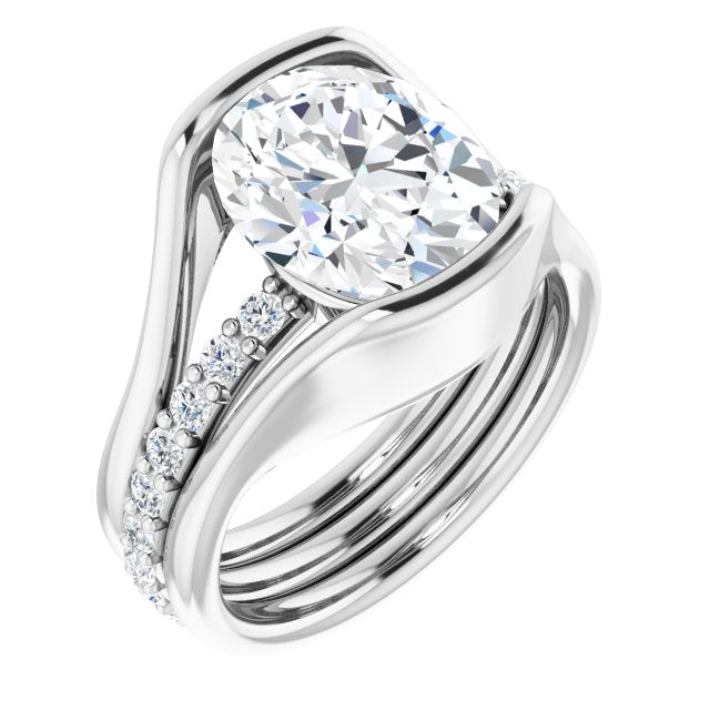 18K White Gold Customizable Bezel-set Oval Cut Style with Thick Pavé Band