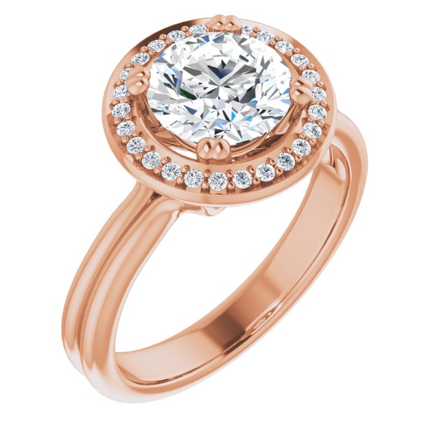 10K Rose Gold Customizable Round Cut Style with Scooped Halo and Grooved Band