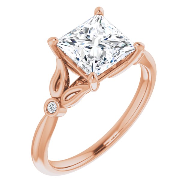 10K Rose Gold Customizable 3-stone Princess/Square Cut Design with Thin Band and Twin Round Bezel Side Stones
