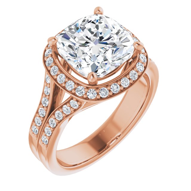 10K Rose Gold Customizable Cushion Cut Halo Style with Accented Split-Band