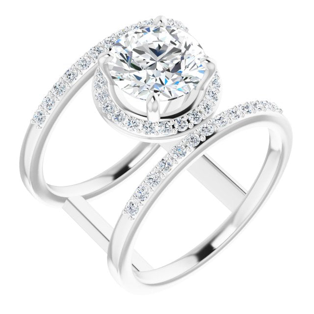 Cubic Zirconia Engagement Ring- The Jersey (Customizable Round Cut Halo Design with Open, Ultrawide Harness Double Pavé Band)