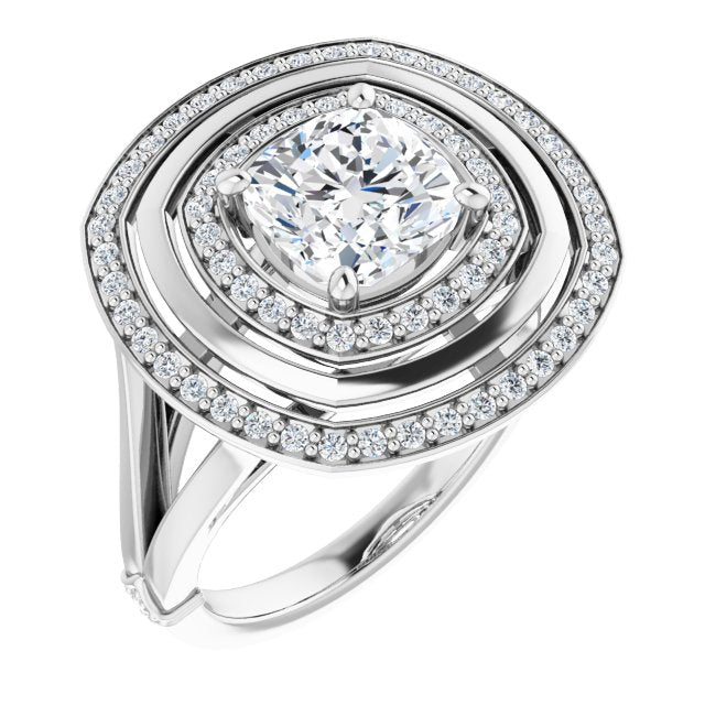 Cubic Zirconia Engagement Ring- The Allie (Customizable Cushion Cut Oversized 2x Halo Style with Knuckle Accented Split Band)