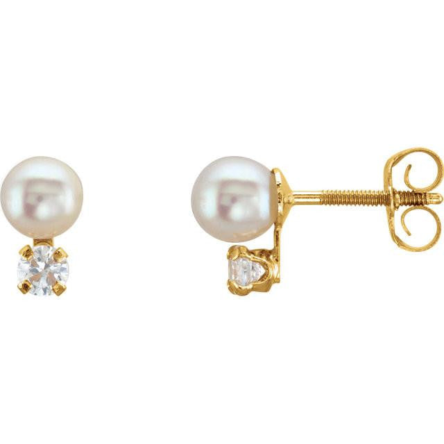 Cubic Zirconia Earrings- 0.06 Carat CZ and Freshwater Cultured Pearl Youth Earring Set