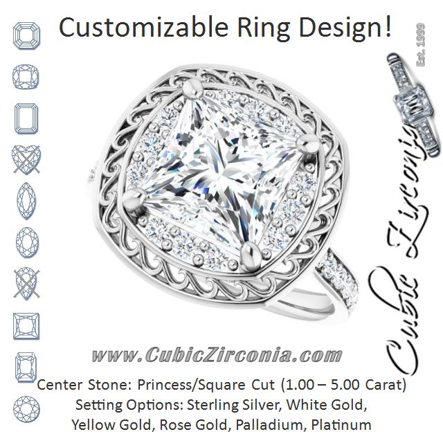 Cubic Zirconia Engagement Ring- The Ariané Contessa (Customizable Cathedral-style Princess/Square Cut featuring Cluster Accented Filigree Setting & Shared Prong Band)