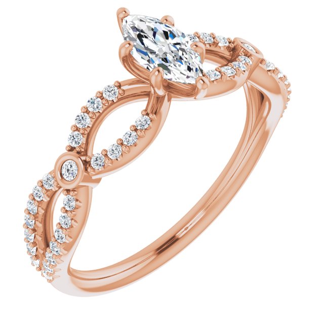 10K Rose Gold Customizable Marquise Cut Design with Infinity-inspired Split Pavé Band and Bezel Peekaboo Accents