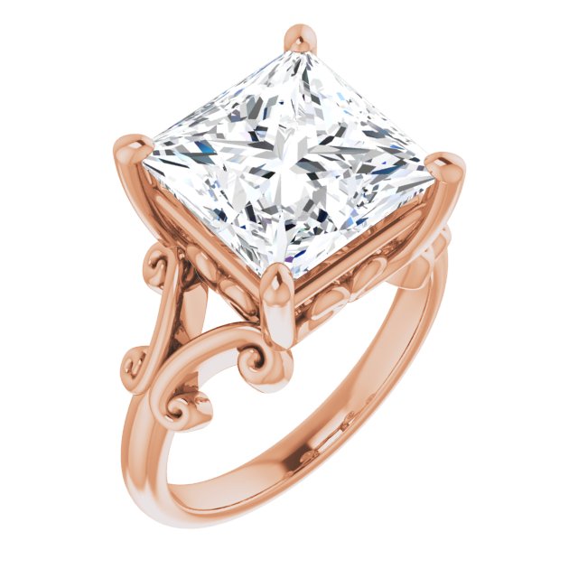 10K Rose Gold Customizable Princess/Square Cut Solitaire with Band Flourish and Decorative Trellis