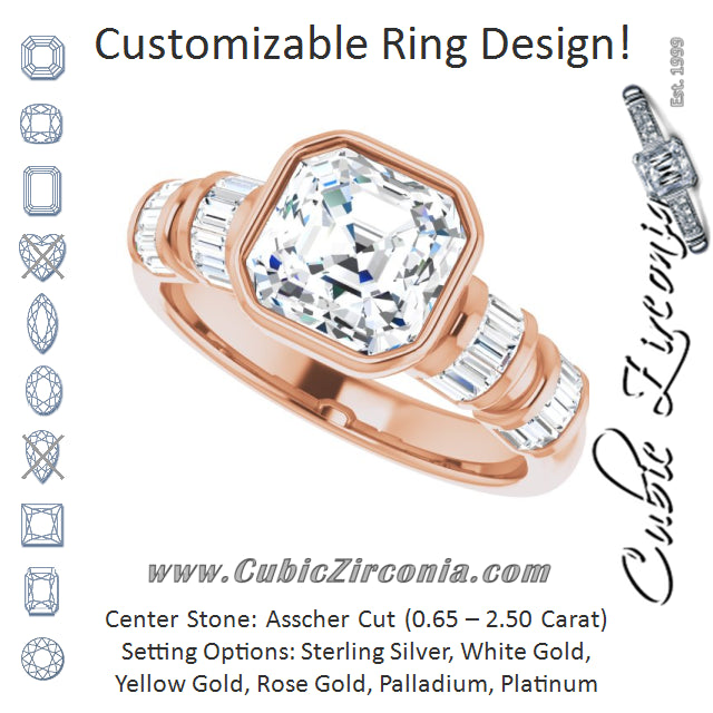 Cubic Zirconia Engagement Ring- The Astrid (Customizable Bezel-set Asscher Cut Design with Quad Horizontal Band Sleeves of Baguette Accents)