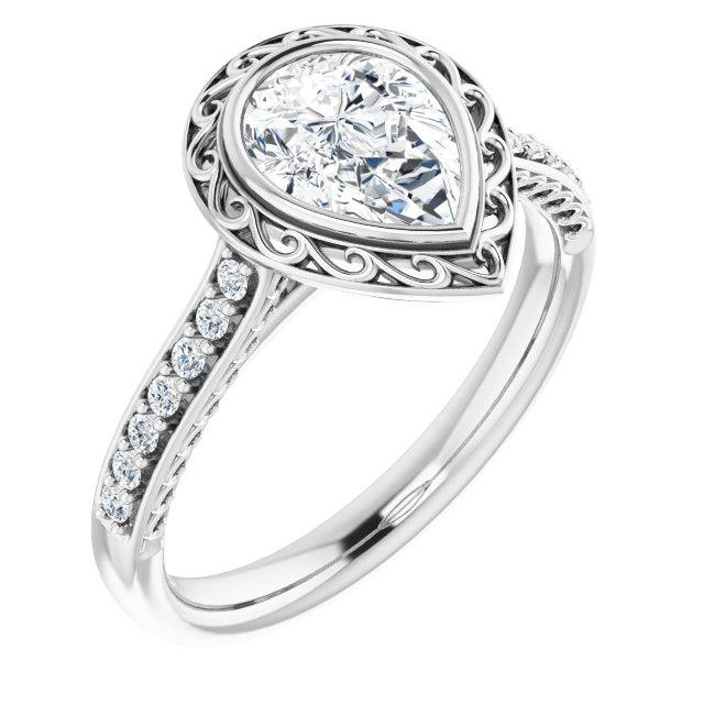10K White Gold Customizable Cathedral-Bezel Pear Cut Design featuring Accented Band with Filigree Inlay