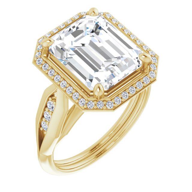 10K Yellow Gold Customizable Cathedral-raised Emerald/Radiant Cut Design with Halo and Tri-Cluster Band Accents