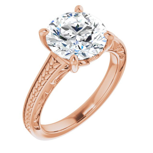 10K Rose Gold Customizable Round Cut Solitaire with Organic Textured Band and Decorative Prong Basket
