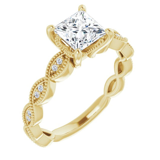 10K Yellow Gold Customizable Princess/Square Cut Artisan Design with Scalloped, Round-Accented Band and Milgrain Detail