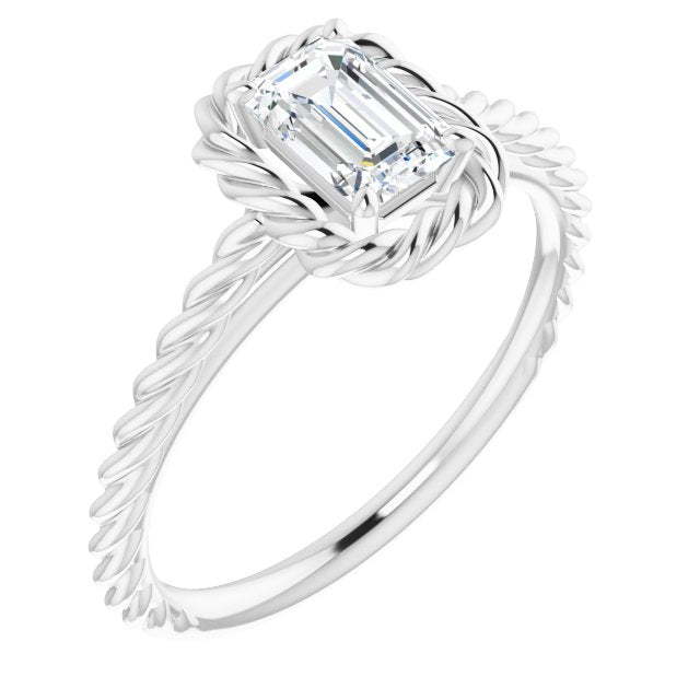 10K White Gold Customizable Cathedral-set Emerald/Radiant Cut Solitaire with Thin Rope-Twist Band